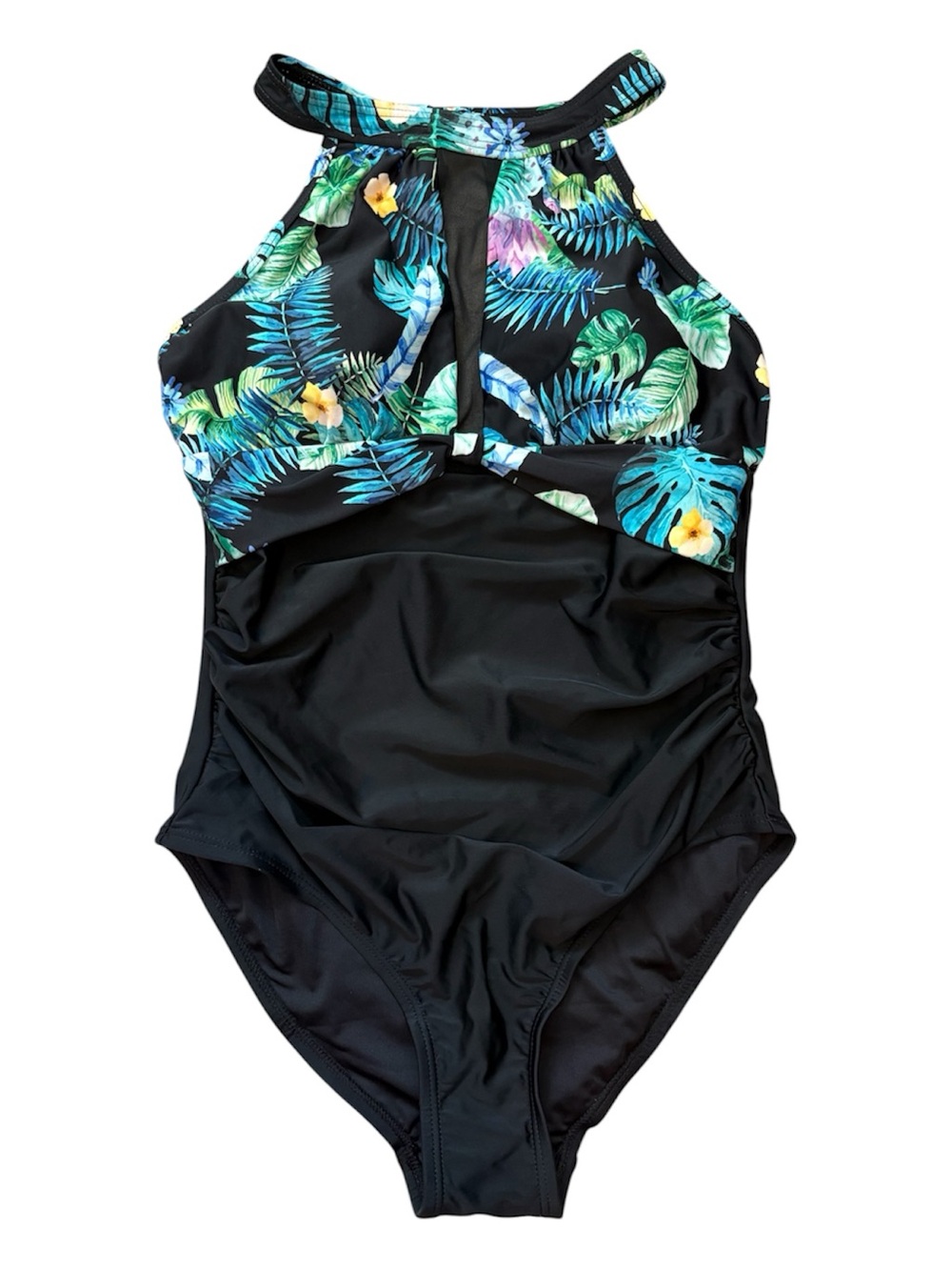 NWT Black & Teal Tropical High Neck Ruched One Piece Swimsuit Size Medium